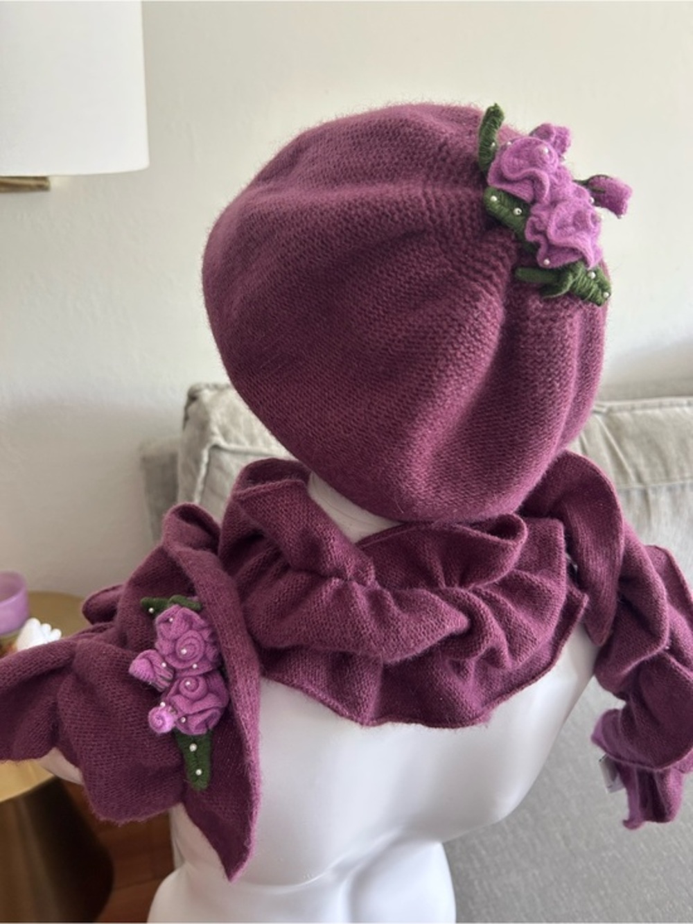 Vtg Portolano Angora Wool Purple Hat And Scarf Set Flower pearl Details